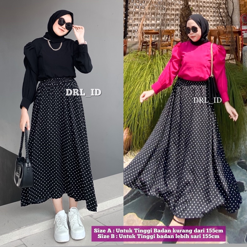 READY STOCK ROK POLKADOT POLKA SKIRT ROK PANJANG WANITA PINGGANG FULL KARET MODEL LONGGAR BENTUK PAY