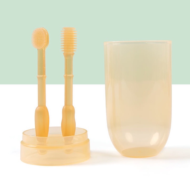 BPA free Sikat Gigi dan Lidah Bayi Silikon 0-18 bulan plus Gelas Sikat Gigi Bayi Sikat Lidah Bayi 2 in 1 Perawatan Mulut Bayi Sikat Gigi Silikon Bebas BPA Sikat lidah bayi newborn 2in1-1