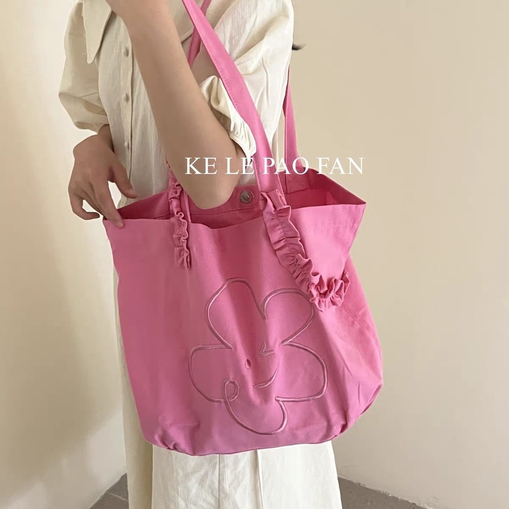 ❃Jepang Hantu Kuda Gadis Floret Wink Bordir Tas Kanvas In Niche Lipit Desain Tas Bahu Kapasitas Besar