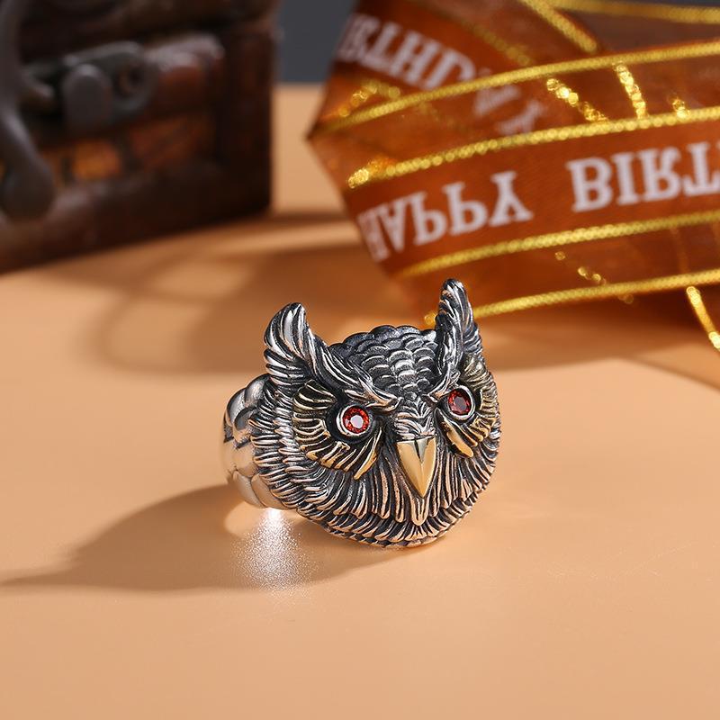 Cincin Jari Telunjuk Desain Burung Hantu Tua Hegemony Gaya Vintage Untuk Pria