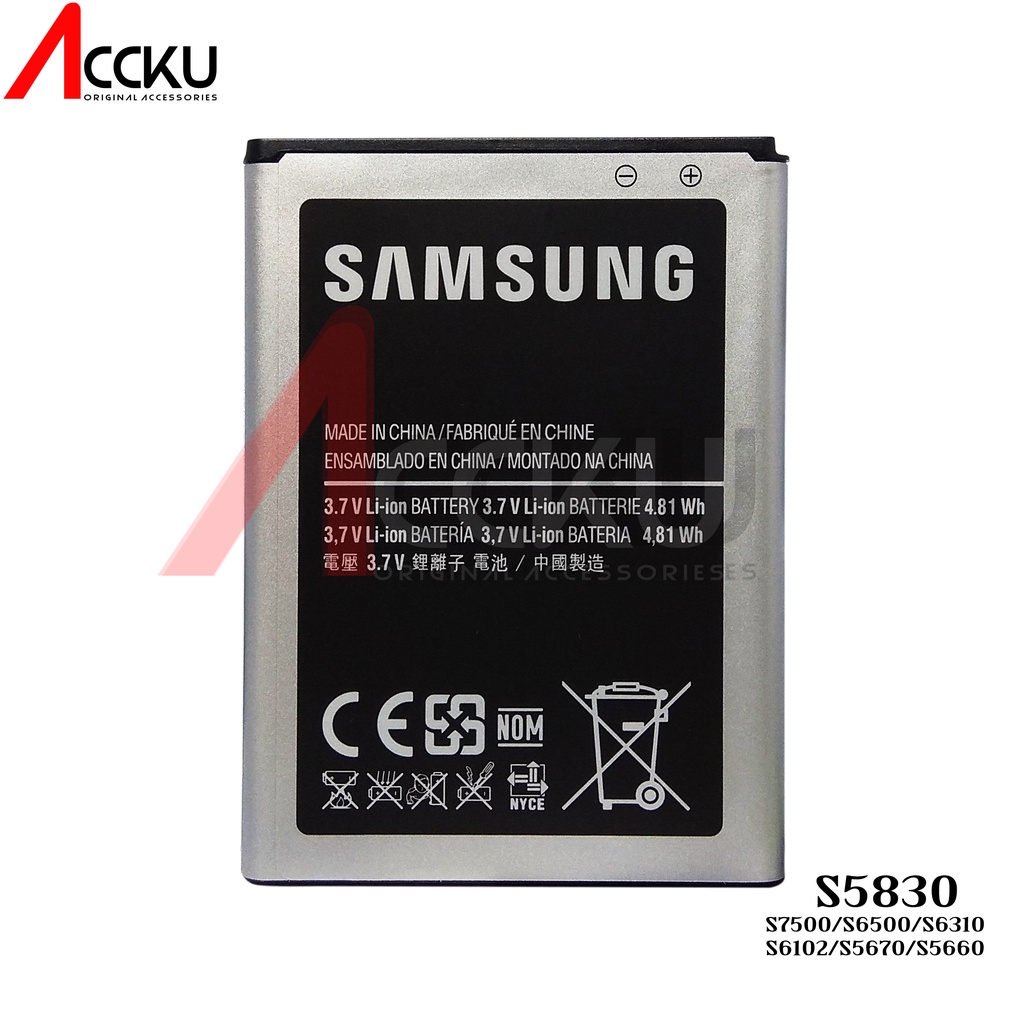 S5830 - S5660 - S5670 - S6102 - S7500 - S6500 - S6310 - EB-494358VUS5830 100%Baterai Samsung GalaxyS5830 - S5660 - S5670 - S6102 - S7500 - S6500 - S6310 - EB-494358VUBatre Baterai BatterySamsung GalaxyS5830