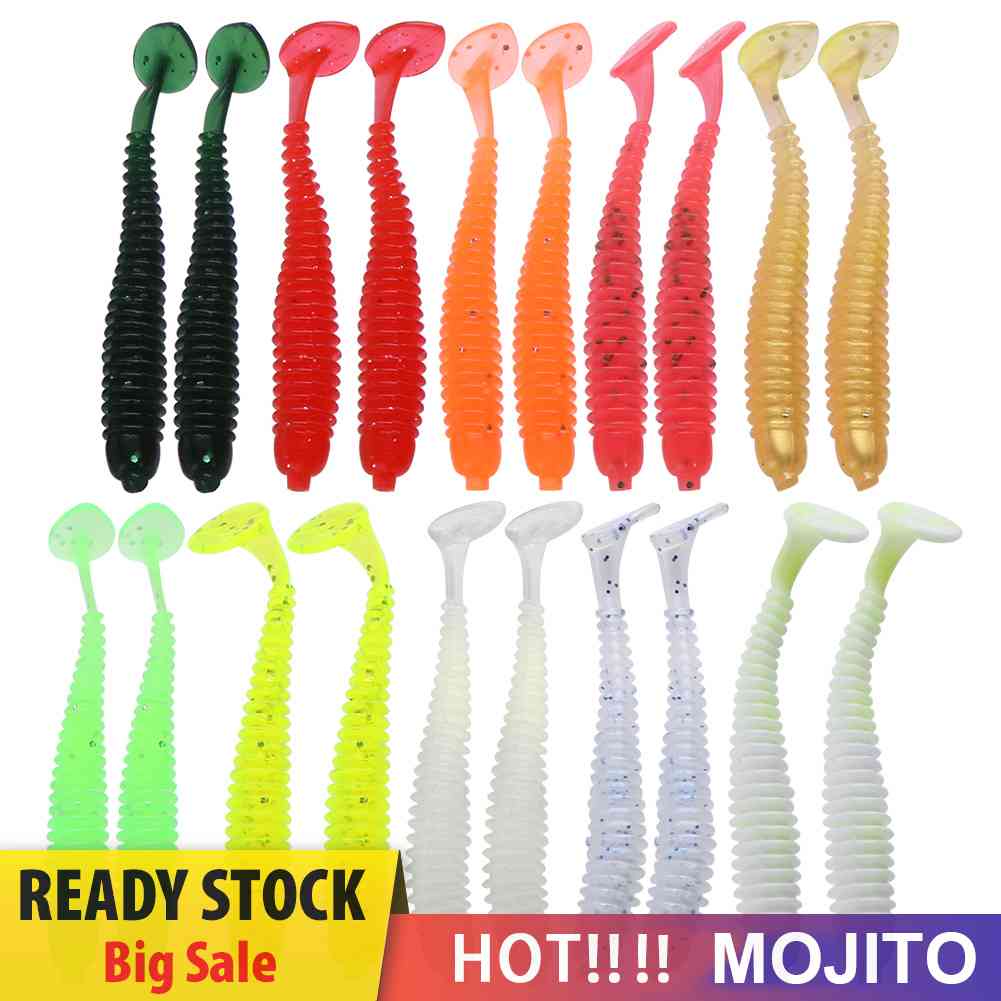 20Pcs Umpan Pancing Bentuk Cacing Ekor T Bahan PVC Lembut 10 Warna Ukuran 2g / 7.5cm