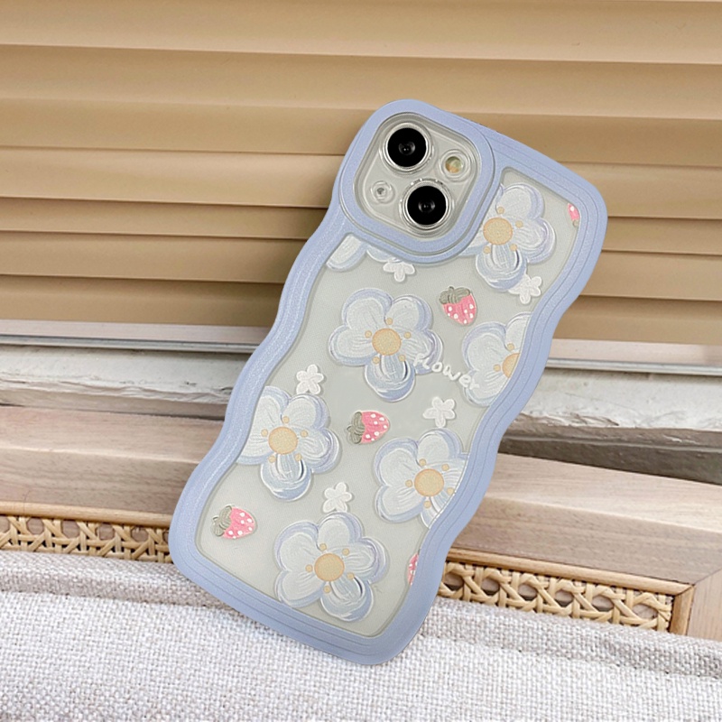 Case Vivo Y36 Y22 Y22S V20 V25E V25 V21 V23E Y75 Y55 T1 Y21 Y17 Y20i Y12s Y11 Y15 Y33S Y12 Y20 Y21T Y12i Wavy Edge Blue Strawberry Flowers Soft TPU Casing Penutup Belakang