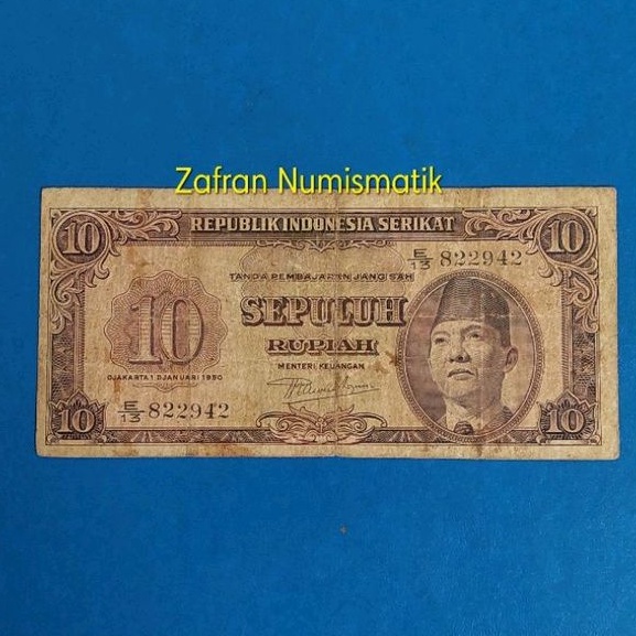 ZN1413. Uang Kuno Rp 10 RIS Republik Indonesia Serikat Tahun 1950 LANGKA