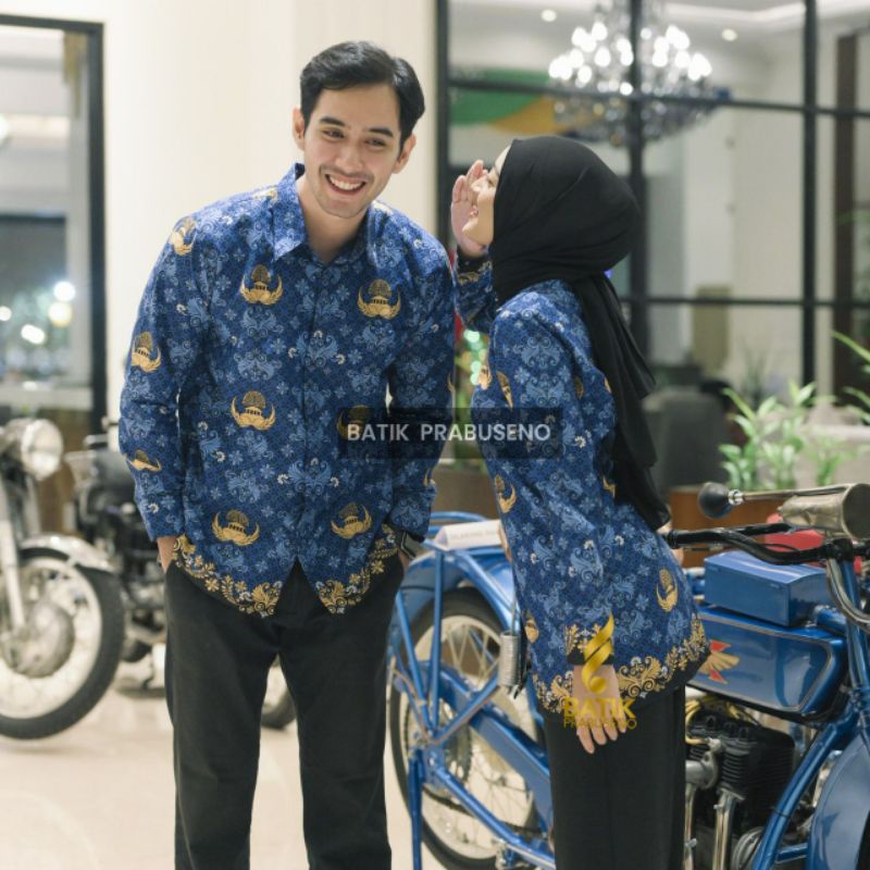 Couple Batik Korpri Hem Baju Kemeja Batik Pria Wanita Lengan Panjang Slimfit Original Prabuseno Coup
