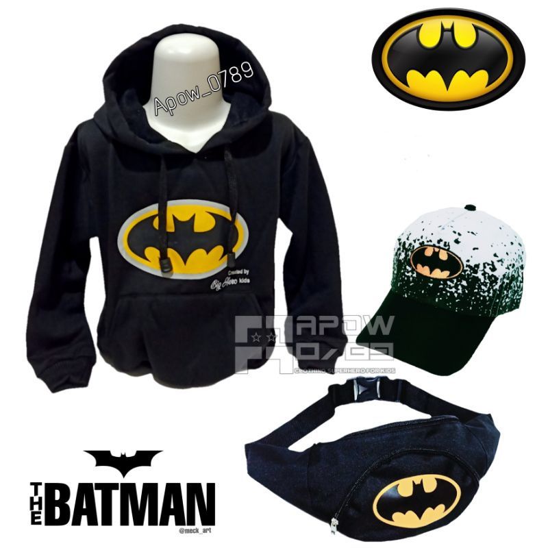 Jaket Sweater Hoodie Anak Laki-laki Batman 4 in1 Free Topi Tas Waistbag Dan Jam Tangan