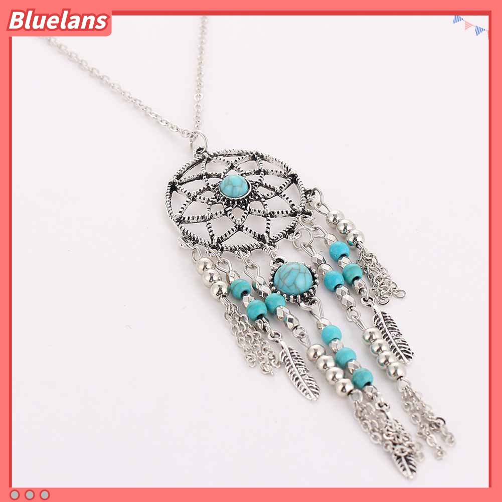 Kalung Rantai Rumbai Desain Dream Catcher Bulu Aksen Turquoise Gaya Boho Untuk Wanita