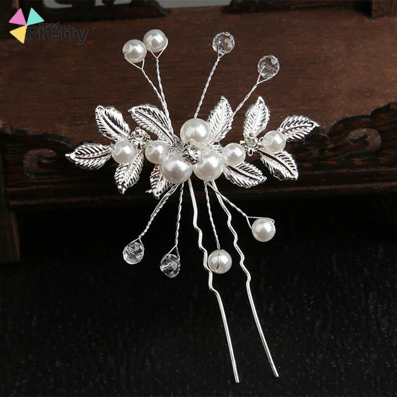 Jepit Rambut Mutiara Wanita U Desain Daun Aksen Untuk Fashion Korea Pernikahan Tiara - PD