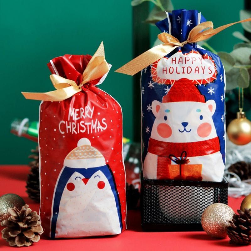 

[ELYSIAN STORE] 1Pcs Bag Hampers Bear And Penguin Christmas Kantong Plastik Serut Pita Natal Aesthetic Christmas