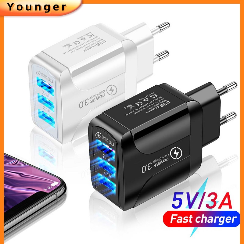 Adapter Charger 3 Port USB QC3.0 Plug EU US UK Untuk Iphone 14 13 12 Android