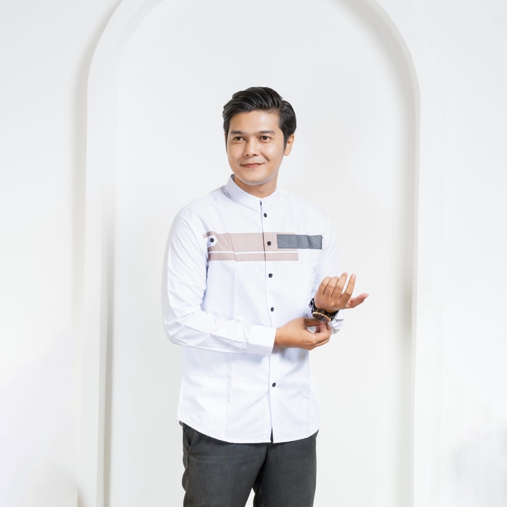 Asakhi - Baju Koko Pria Hadroh Kombinasi Motif Yordan Lengan Panjang Warna Putih M L XL
