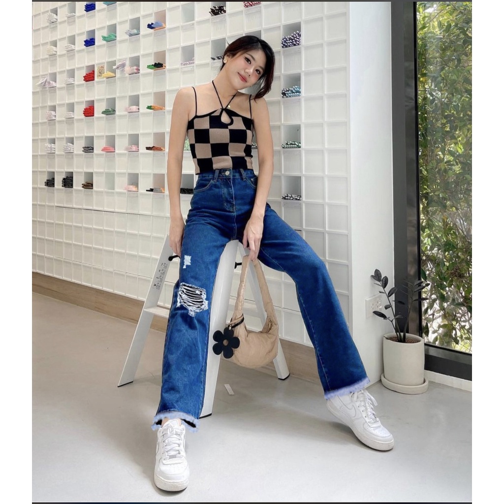 YAOSHI - Celana Panjang Jeans Wanita - Boyfriend Kulot jeans Airish Gaya Korea