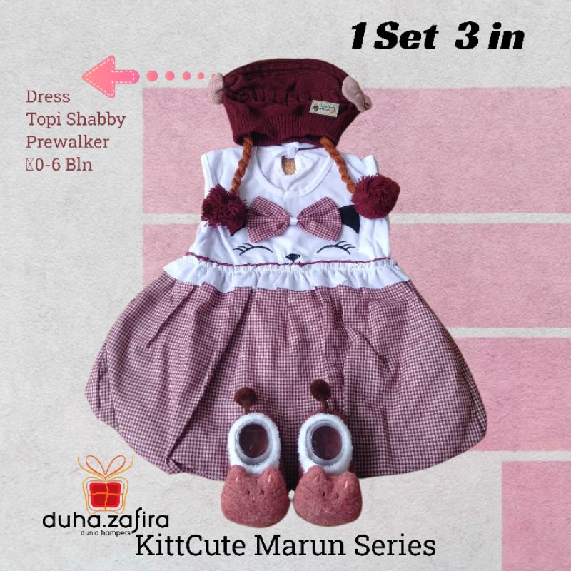 Duha Zafira | 1Set 3in Dress Bayi Newborn 0-6 bulan / baju hello Kitty/ topi Shabby bayi/ prewalker/ kaos kaki hello Kitty/ baju akikah bayi/ setelan bayi/ baju pink bayi/ gaun bayi/ bonet