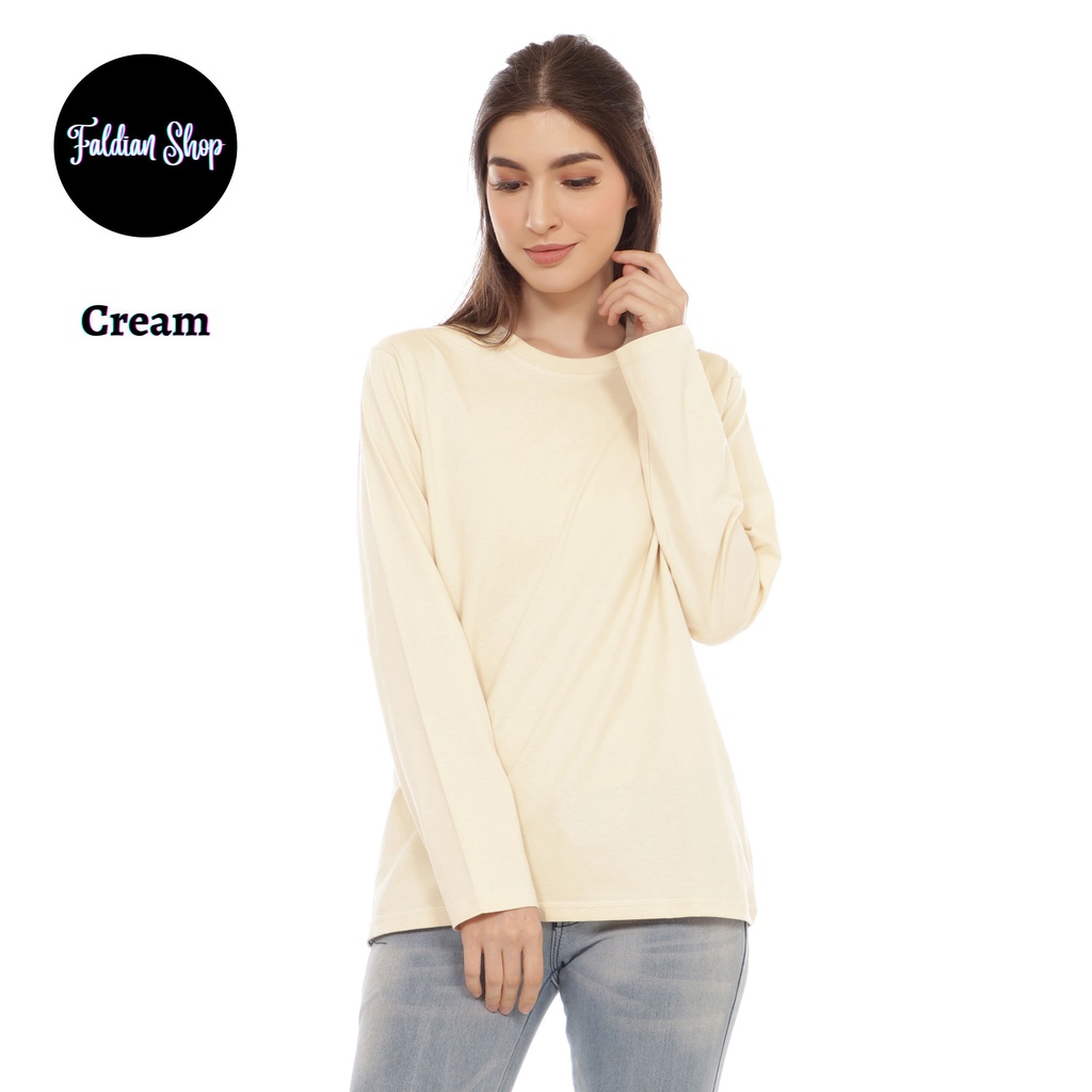 Kaos Polos Wanita Oneck Lengan Panjang Bahan Katun Combed 30s Warna Cream