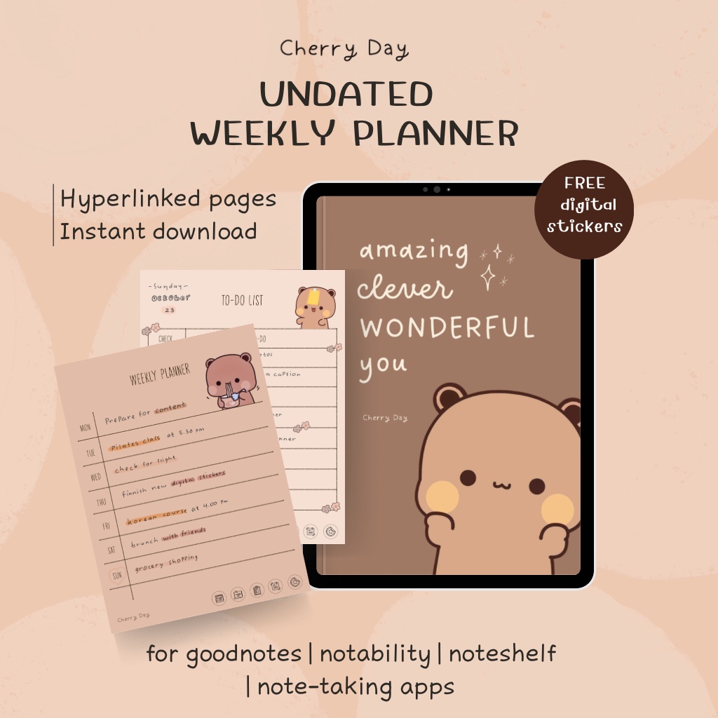 Weekly Planner, Digital Planner, iPad Planner, Digital Journal, Digital Notebook, Digital Sticker, Cute Notebook - Brown Bear