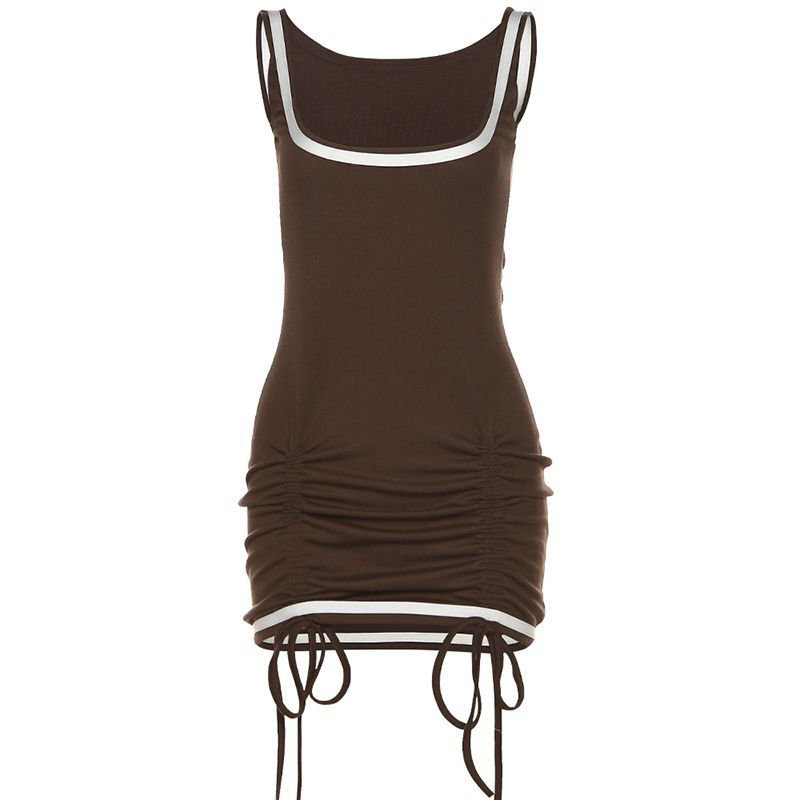 Hot Girl Serut Lipit Dress Wanita + Lengan Berkobar dan Dasi Pendek Top Dua Potong Set