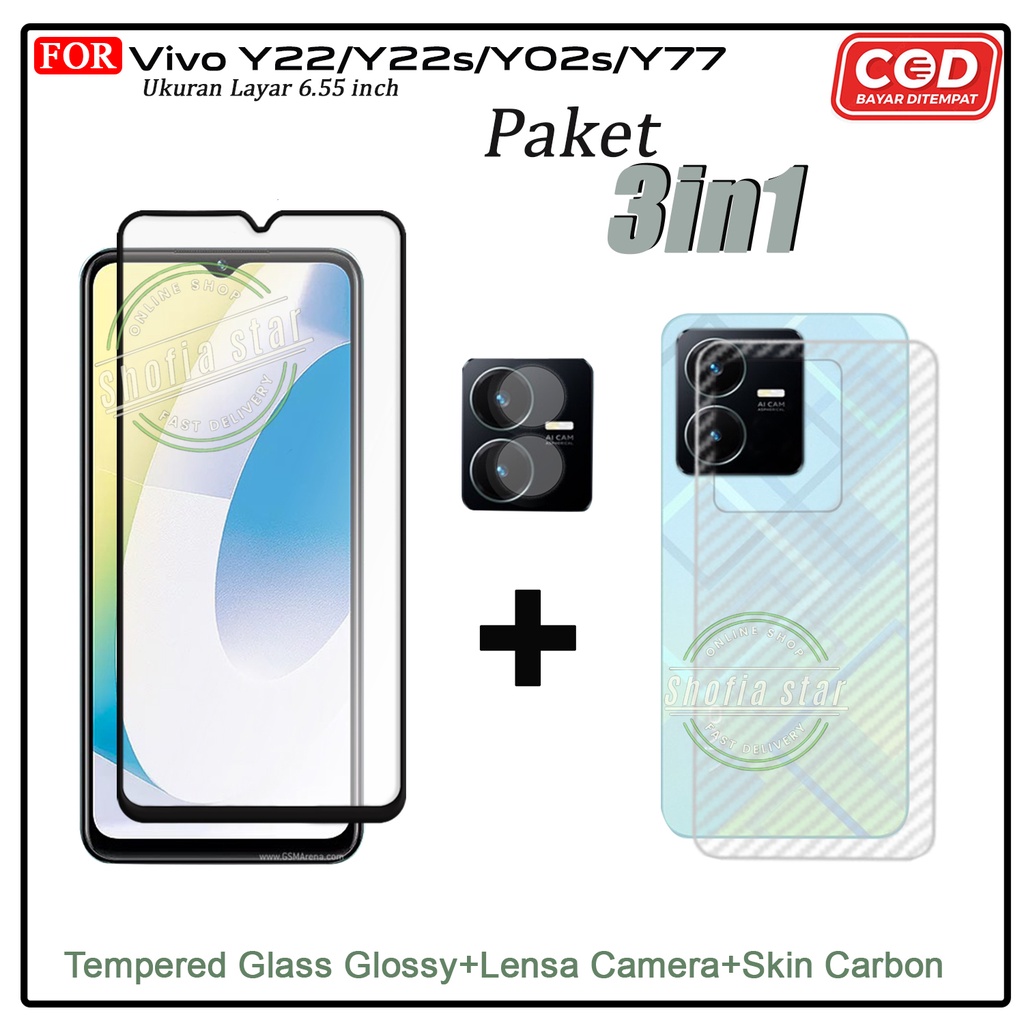 PAKET 3IN1 Tempered Glass Blue Light Vivo Y22 Anti Radiasi Full Cover