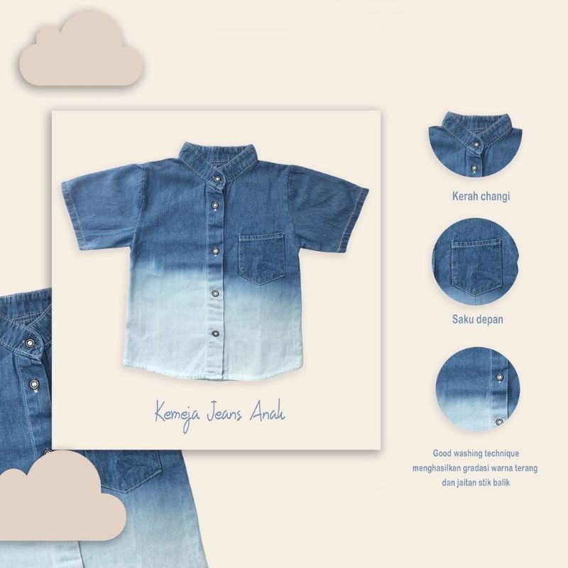 Baju Jeans Anak Laki - Laki 6 bulan - 6 tahun / Kemeja Koko Anak Jeans Gradasi KEMKO Deep Dyeing