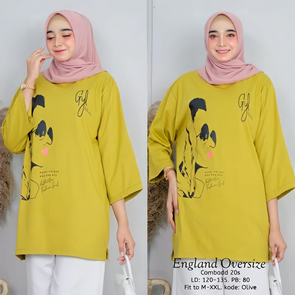 England Blouse Oversize Baju Atasan Wanita Remaja Dewasa Bahan Combed 24s Aksen Sablon Import Premium Kekinian / Fashion Muslim Wanita Jumbo Terbaru 2022 / Atasan Blouse Korean Style Viral Ootd