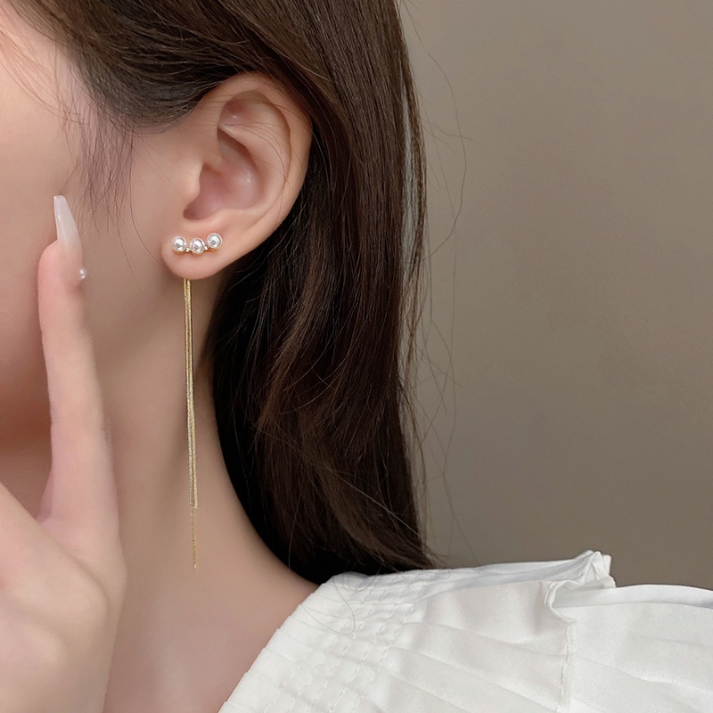 Anting Gantung Panjang Model Rumbai Dengan Mutiara Untuk Wanita