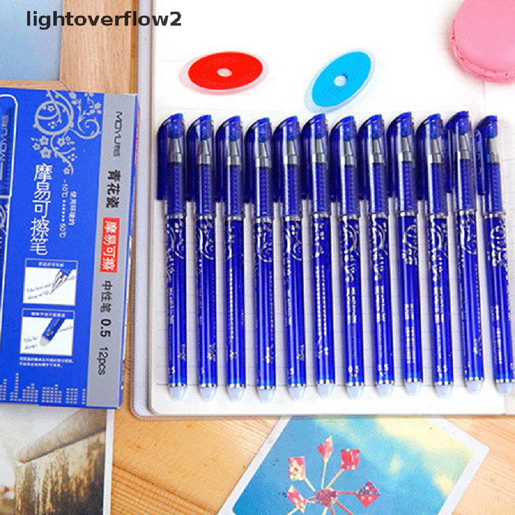 (lightoverflow2) 12pcs / Set Pulpen Gel 0.5mm Tinta Biru / Hitam Bisa Dihapus Untuk Sekolah