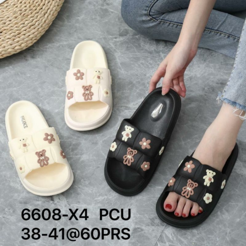 6609-A1 Original Balance Sandal Slop Doll Flowers Motif Teddy Bear 3D Elastic Korean Soft Slipper Jelly Wanita Impor Anti Slip Sendal Selop Karet PVC Kokop Cewek Perempuan Import Elastis Empuk PCU Cantik 6608-X2 6608-X4 Bunga Kekinian Viral 6609 6608