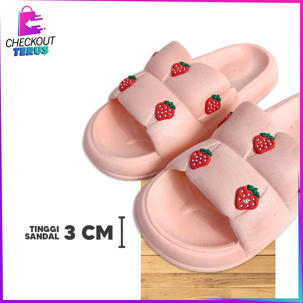 CT S50 Sandal Selop Wanita Bahan PVC Motif Strawberry Korean Style Elastik Empuk Anti Slip Import Sendal Jelly Soft Slipper