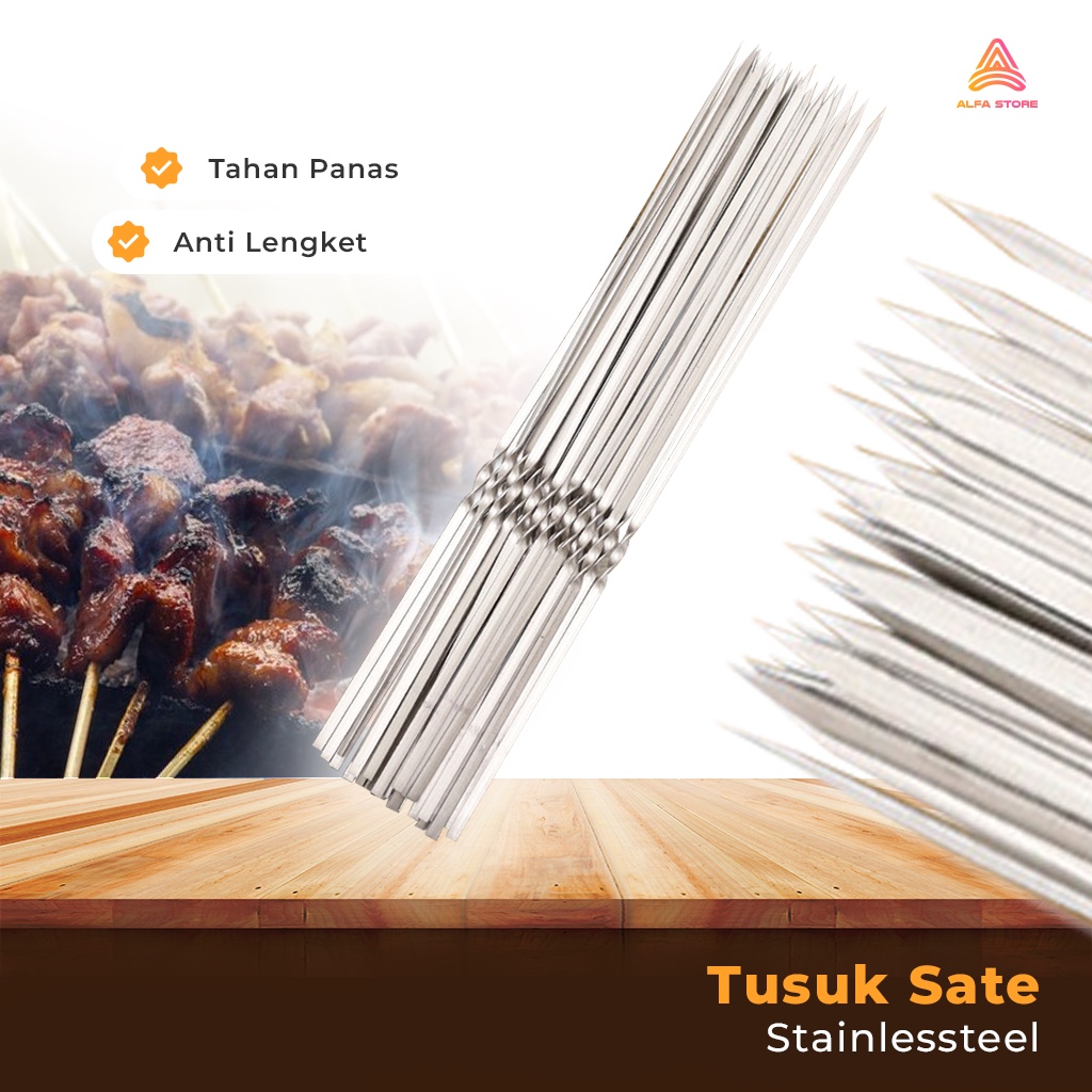 Tusuk Sate Panjang Stainless Steel Barbeque Reusable Cooking BBQ Tools