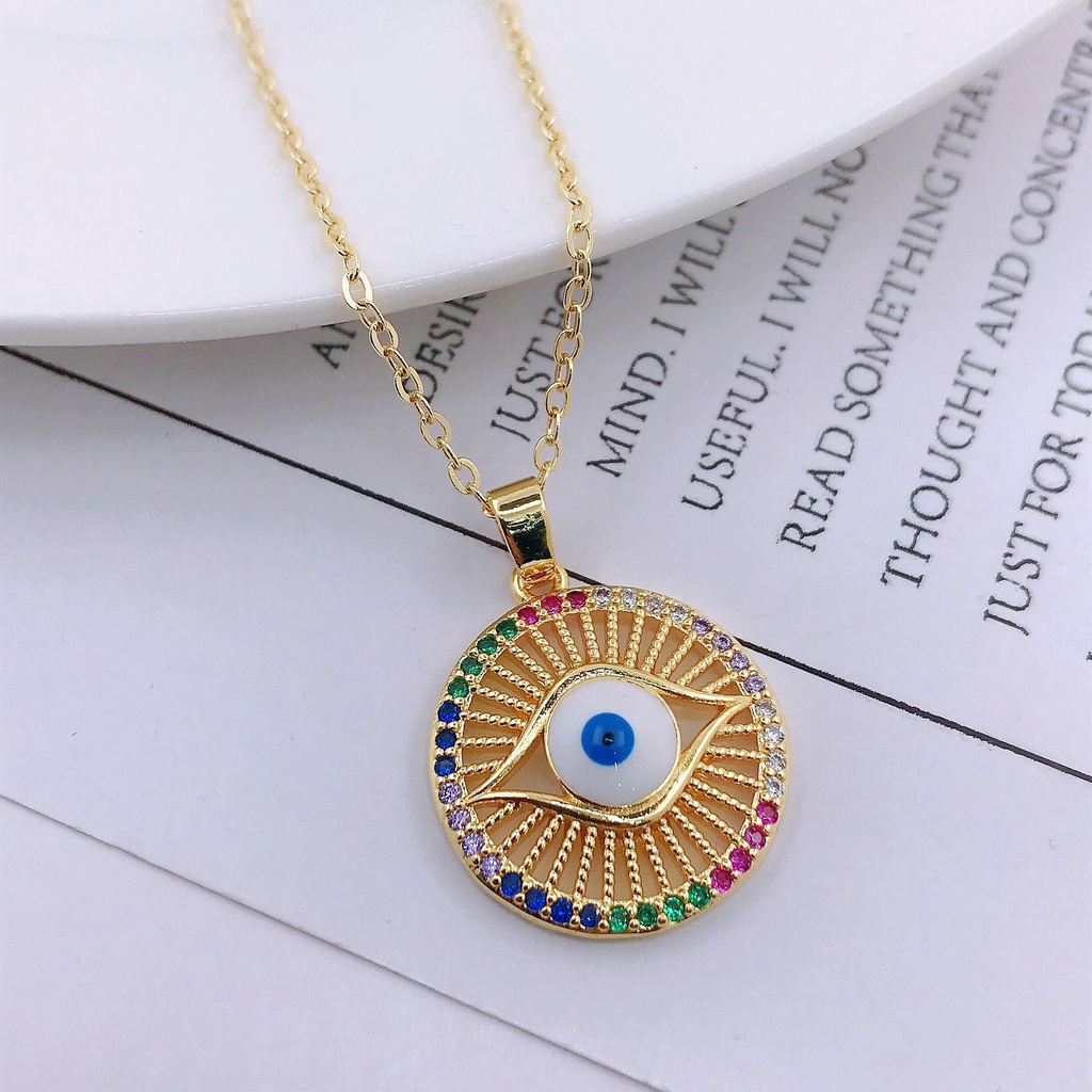 Kalung Rantai Lapis Emas Bentuk Mata Iblis Bulat Geometris Aksen Zirkon Warna-Warni Untuk Sweater