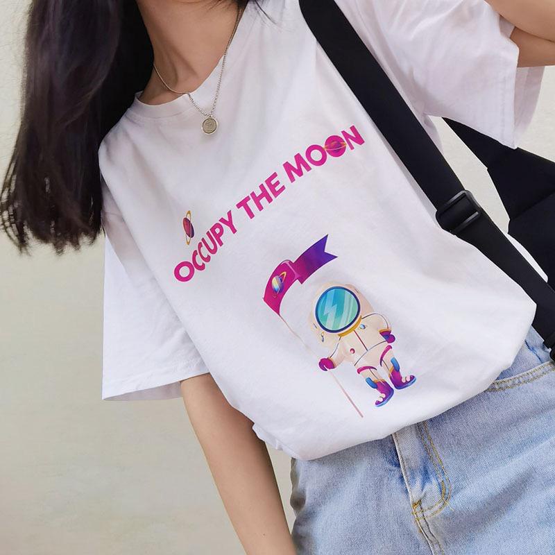 [littlecrab] Kaos Oversize Occupy The Moon Astronot Planet Bulan Bendera Saturnus Luar Angkasa Sablon Berkualitas Hitam Putih Pink T-shirt Couple Unisex Lembut Unik Korean Style