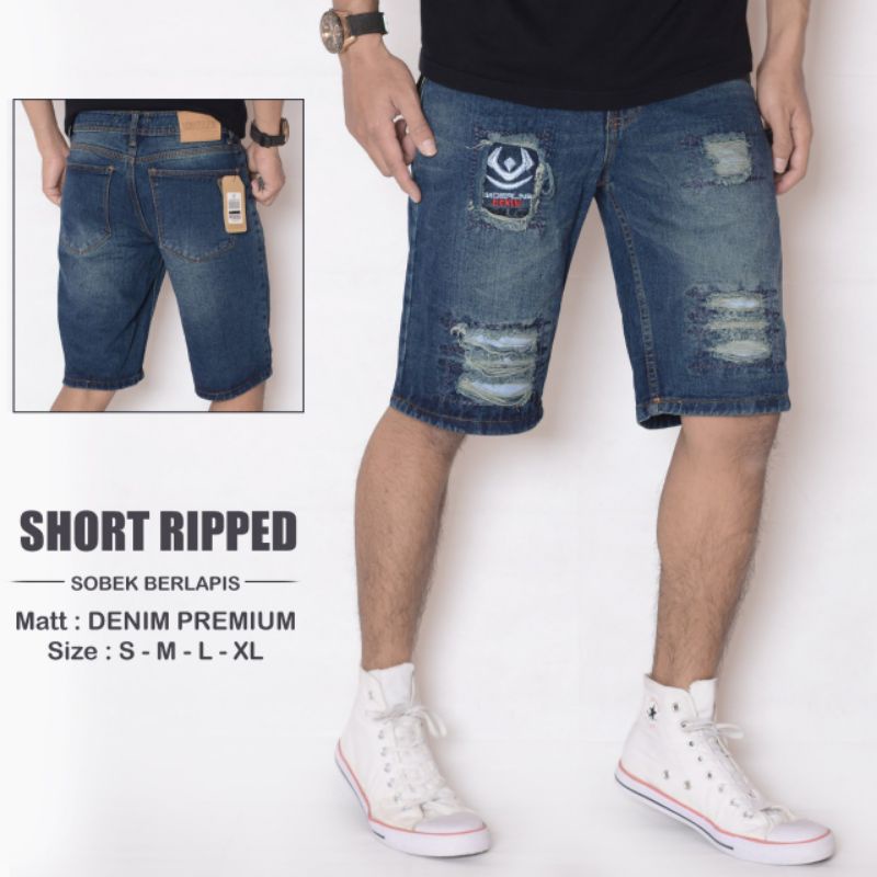 Celana Jeans Short Sobek Lapis/Jeans Pria Pendek Sobek/Celana Jeans Pria Logo Bordir Terbaru/Celana 