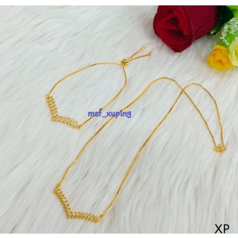 set kalung Fuji dan gelang tangan Fuji motif serut titanium warna gold anti karat