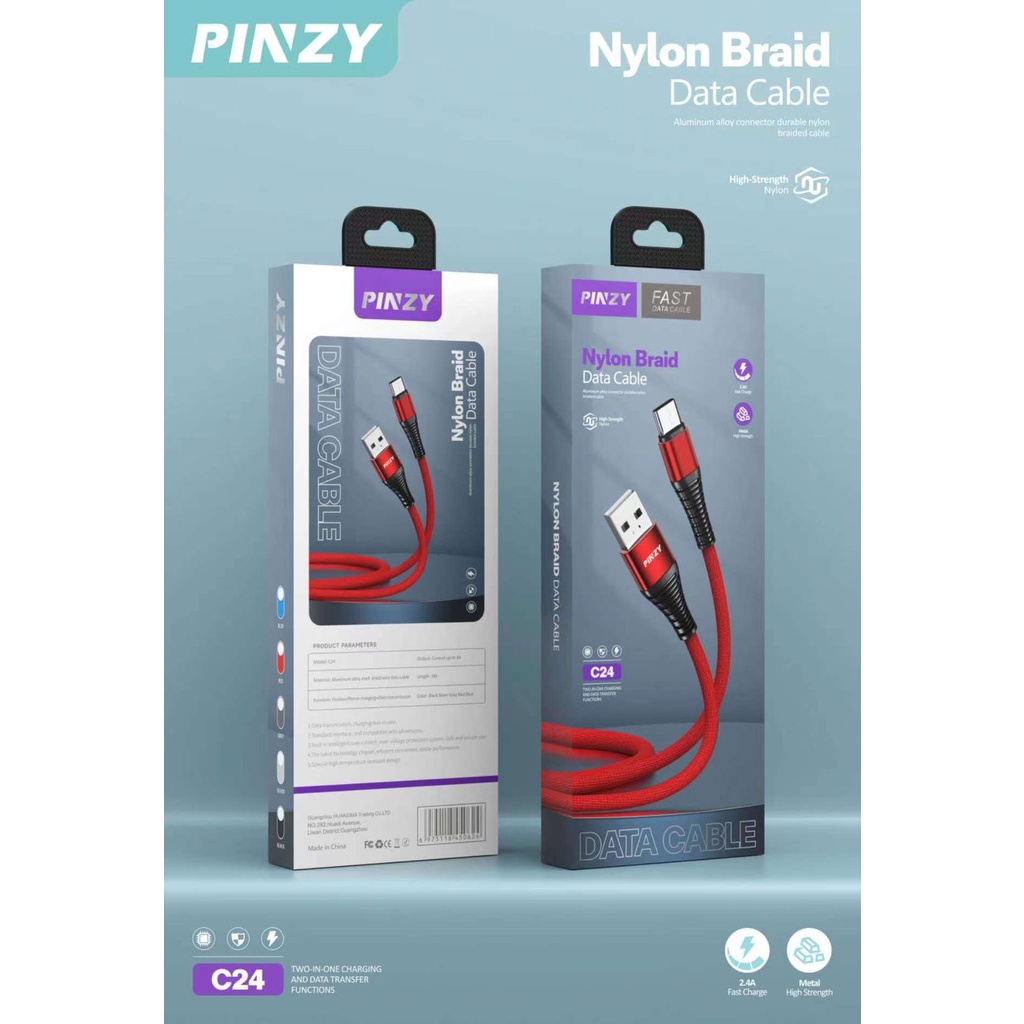 Kabel Data Charger PINZY C24 USB Type C Nylon Braid 2.4A Fast Charging