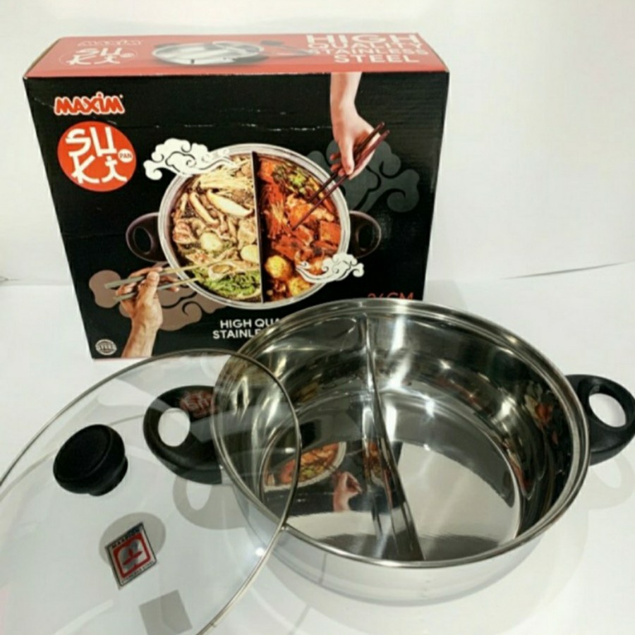 Maxim Suki Pan 26 Cm &amp; Glass Cover /Panci Shabu2 makanan Tutup Kaca SS 26Cm