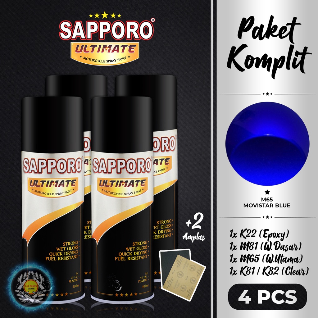 PAKET M65 MOVISTAR BLUE SAPPORO ULTIMATE CAT SEMPROT 400 ML CAT MOTOR AEROSOL PYLOX BIRU MOVIESTAR B