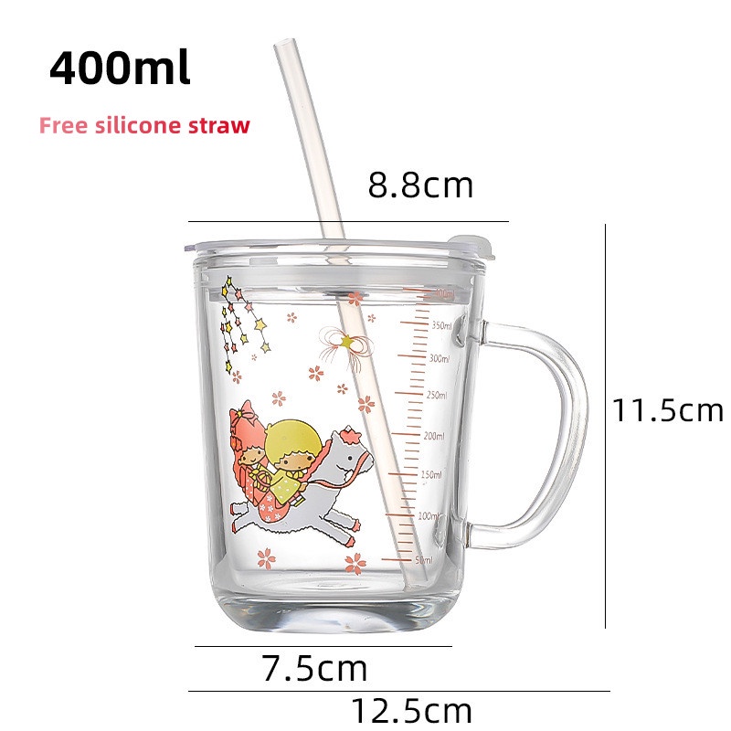 400ml Gelas Anak Kaca Bening dengan Gagang dan Tutup Anti Bocor/Gelas Mug Gelas tumbler Lucu GRATIS SEDOTAN