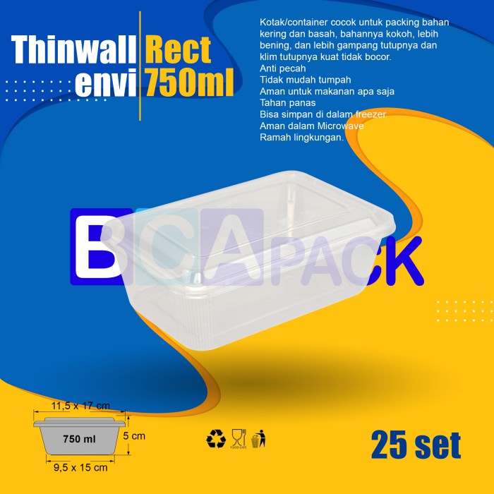 Bekal Thinwall Envi 750Ml Rect - 750 Ml - Isi 25 Set - Bening