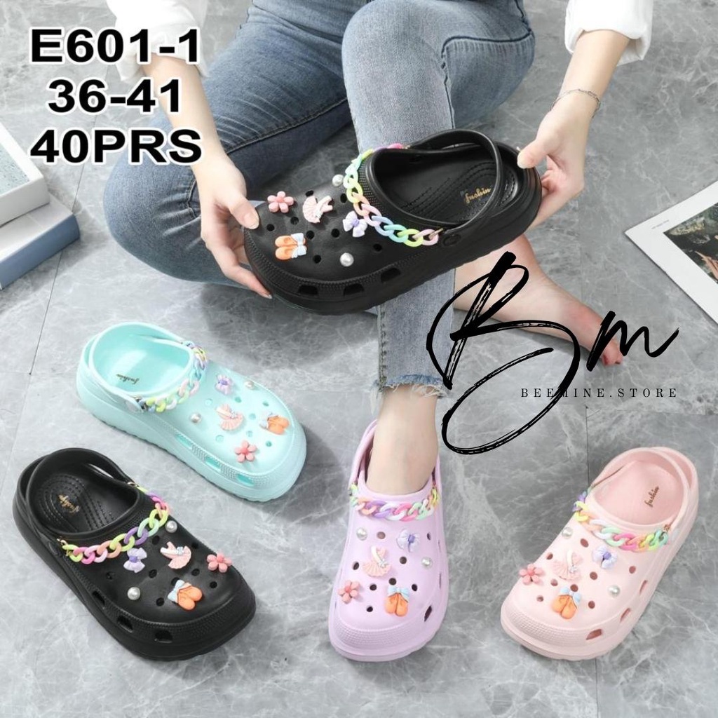 Sandal Baim / Sandal Jelly Fuji / Sandal wanita classic Bae Clog platform Jibbitz / Sandal Fashion Wanita Mode Bae Clog Jibbitz Rantai E601-1