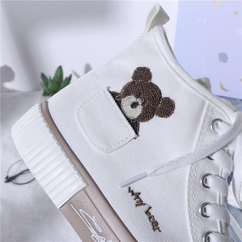 Sepatu Sneakers Korea Why Bear Putih Coklat Tinggi Import / Sepatu Kanvas Wanita Korean Styles Women Fashion