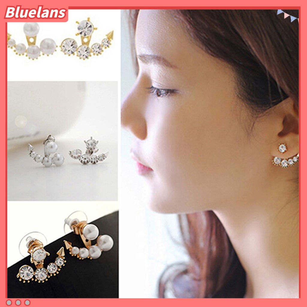 Bluelans Ear Stud Asymmetric Fashion Faux Pearl Ear Studs with Rhinestone for Women