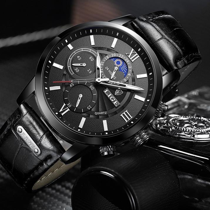 [CODEJO22] LIGE 2022  original jam tangan pria tali kulit anti air olahraga kronograf jam tangan + kotak IRA0