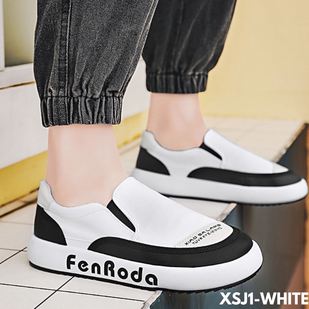 SEPATU SNEAKERS MODEL LOAFERS BLACK WHITE SIMPLE DESAIN CAKEP BANGET BAHAN CANVAS IMPORT SJ1