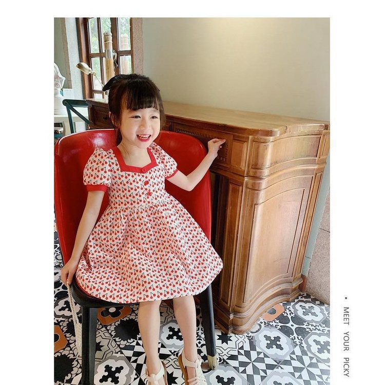 Dress Anak Perempuan  Korean Style Cherry Merah Puff