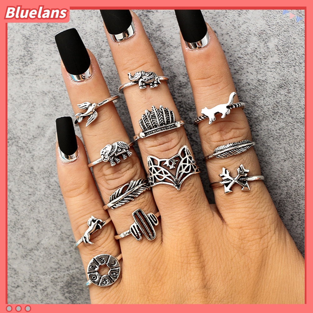 Bluelans 12Pcs Leaf Fox Elephant Design Rings Lady Vintage Knuckle Midi Stacking Ring