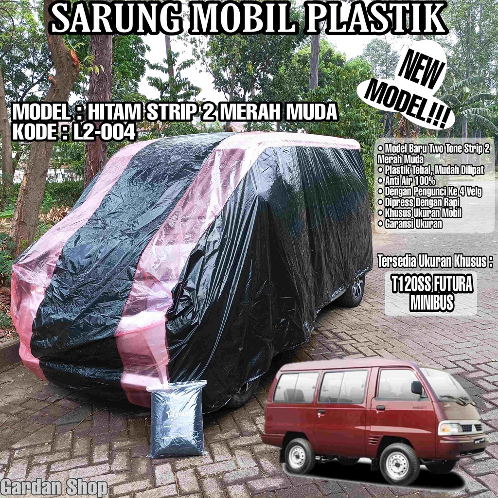 Sarung Mobil Plastik T120SS FUTURA MINIBUS Hitam Strip 2 Merah Muda Full Anti Air Full Waterproof
