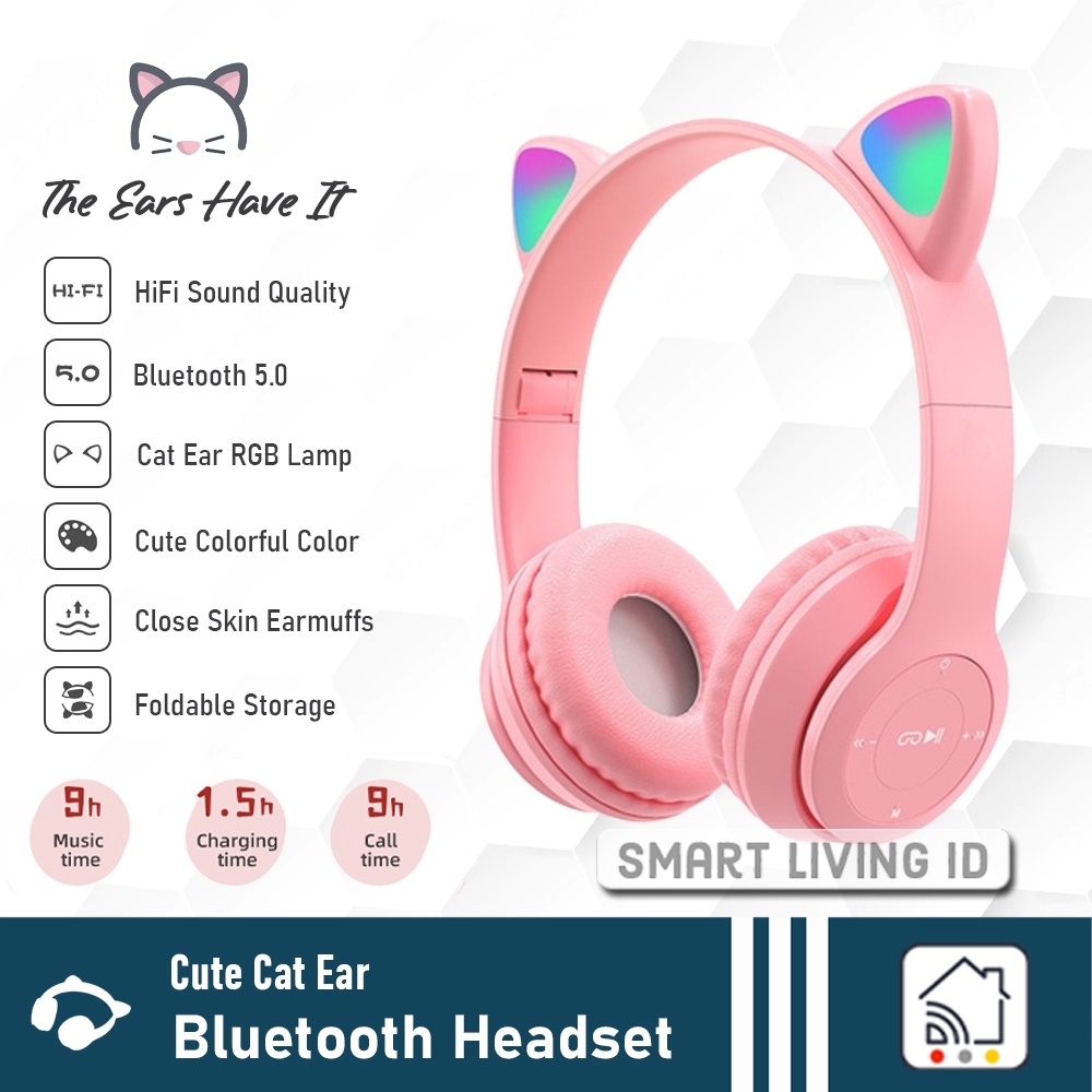 Cat Ear Bluetooth-koptelefoon, LED-verlichting Draadloze Over-ear- koptelefoon met Microfoon, Opvouwbare Gaming-headset met 3,5 Mm Kabel voor Tablet-pc Mobiele Telefoon (Blauw