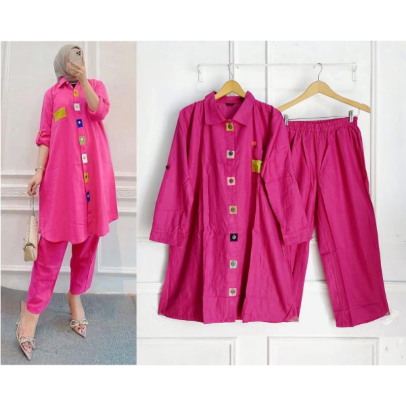 One Set Blouse Kotak Kulot Linen XXL Jumbo // Set Cel Tunik Linen // Set Celana Linen Ld 120