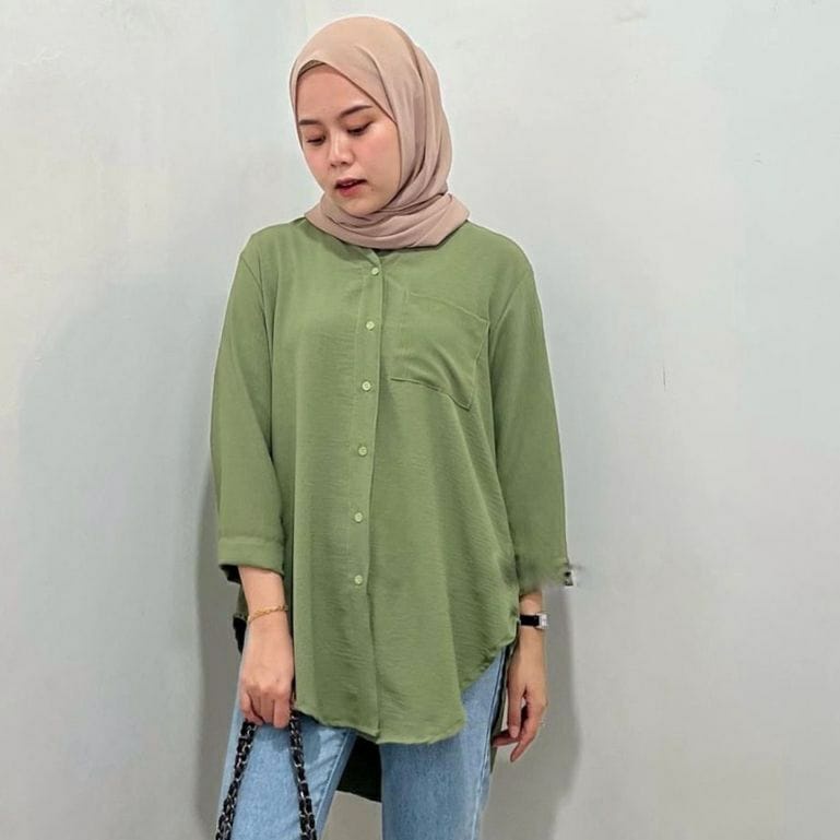 Ansyania Blouse Basic Model Pinguin Crinkle Premium Full Kancing Baju Atasan Kemeja Wanita Kekinian Terbaru