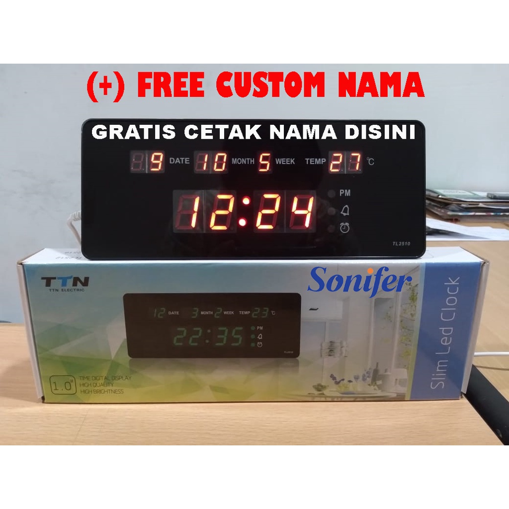 Jam Dinding Jam Meja Digital SONIFER 2510 LED Clock ukuran 25 x 10 cm +FREE CUSTOM NAMA