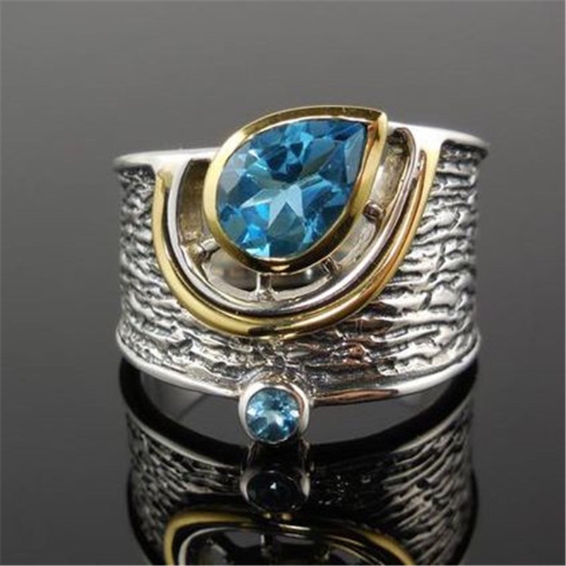 Cincin Kristal Zircon Biru Bahan Metal Gaya Etnik Tradisional Untuk Wanita